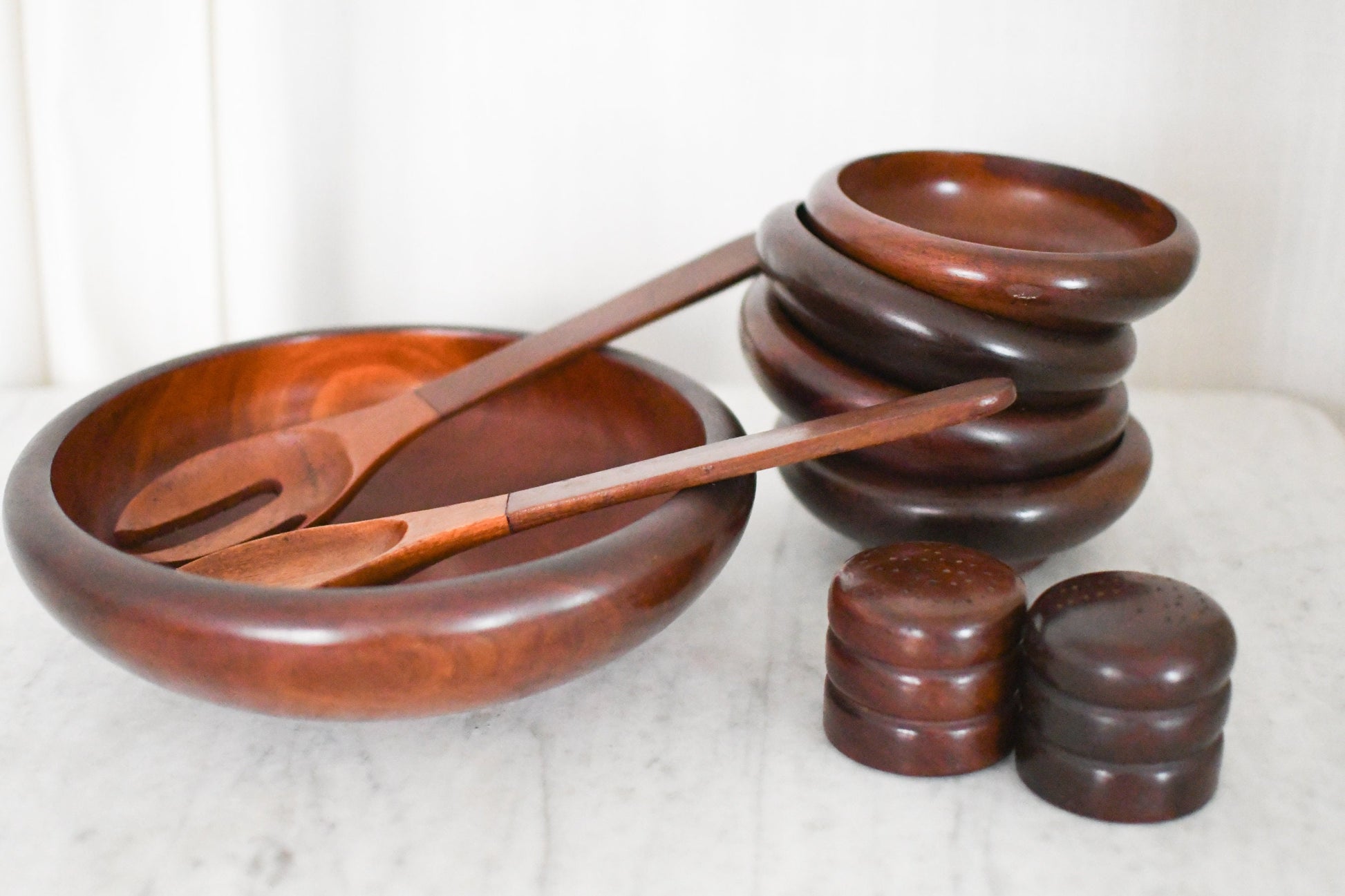 Vintage West Indies Mahogany Salad Bowl Set // Four Salad Bowls One Mixing Bowl Two Utensils Salt and Pepper // Mahogany Wood Bowl Set