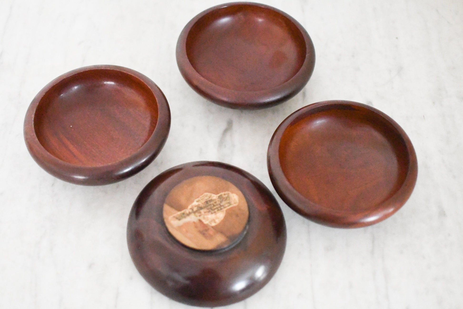 Vintage West Indies Mahogany Salad Bowl Set // Four Salad Bowls One Mixing Bowl Two Utensils Salt and Pepper // Mahogany Wood Bowl Set