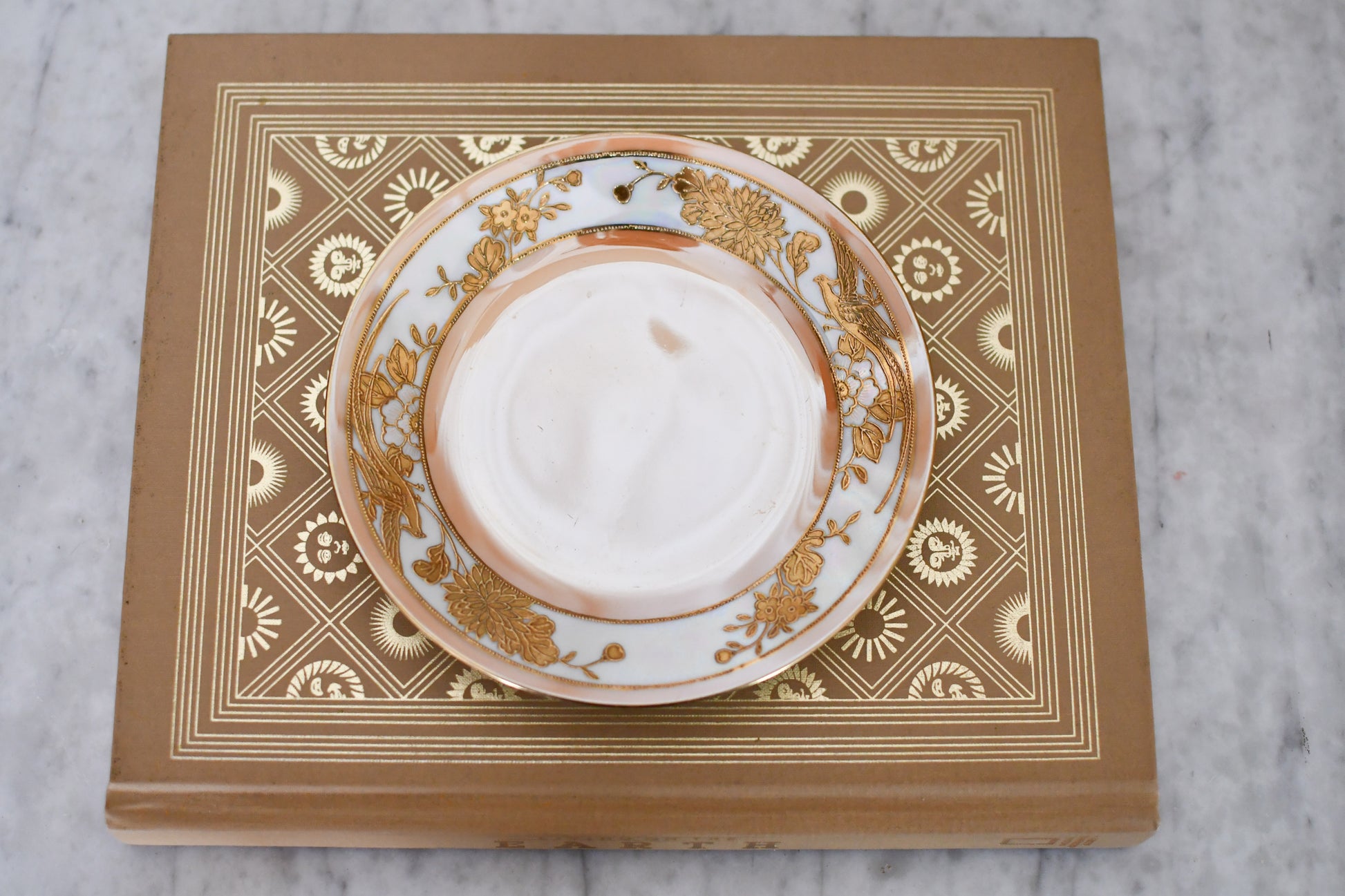 Vintage Morimura Orange Lusterware Encrusted Gold Leaf Phoenix Plate // Single 6.5 Inch Plate