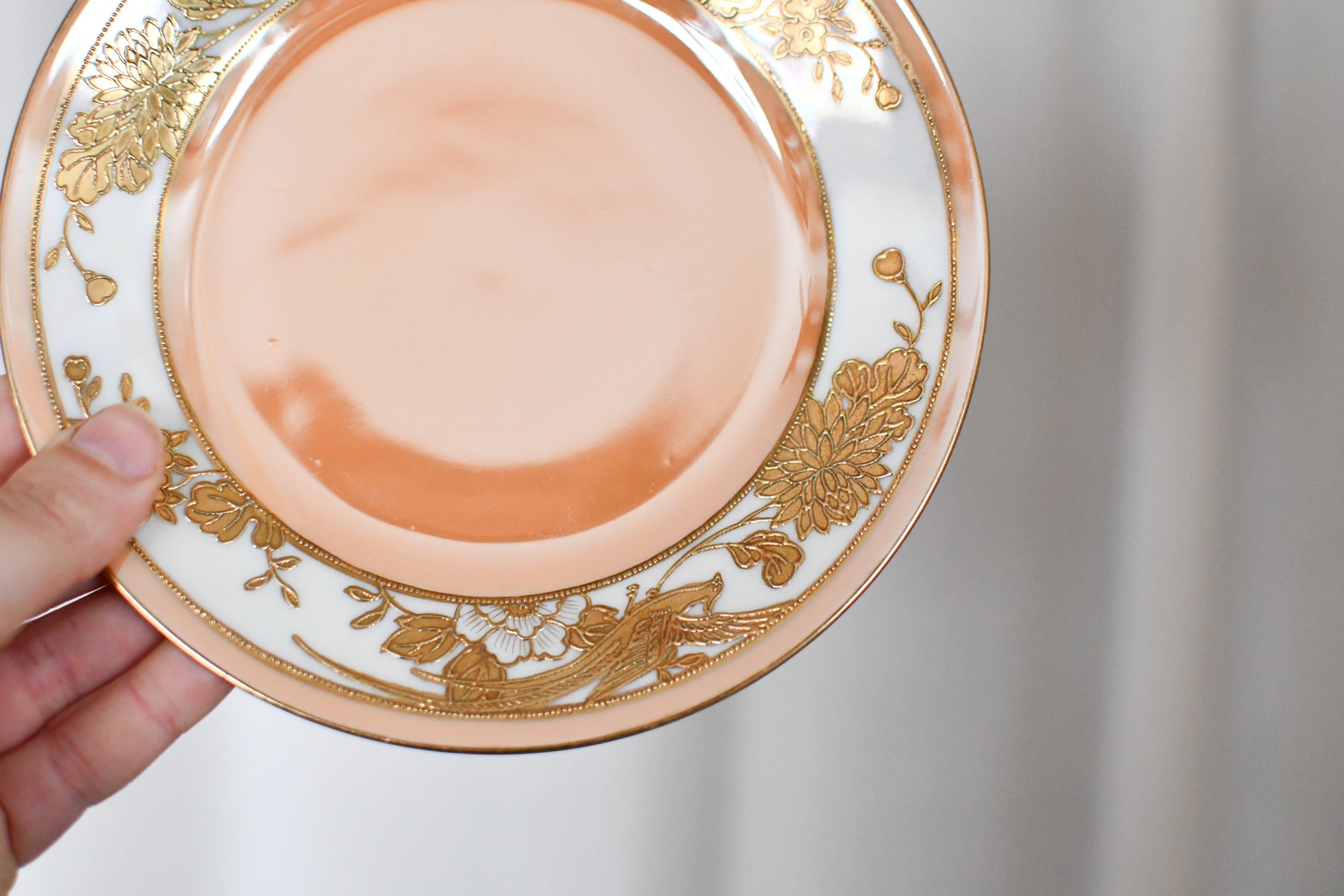Vintage Morimura Orange Lusterware Encrusted Gold Leaf Phoenix Plate // Single 6.5 Inch Plate