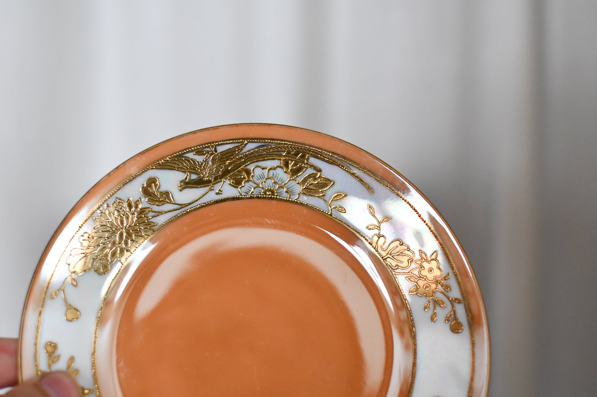Vintage Morimura Orange Lusterware Encrusted Gold Leaf Phoenix Plate // Single 6.5 Inch Plate