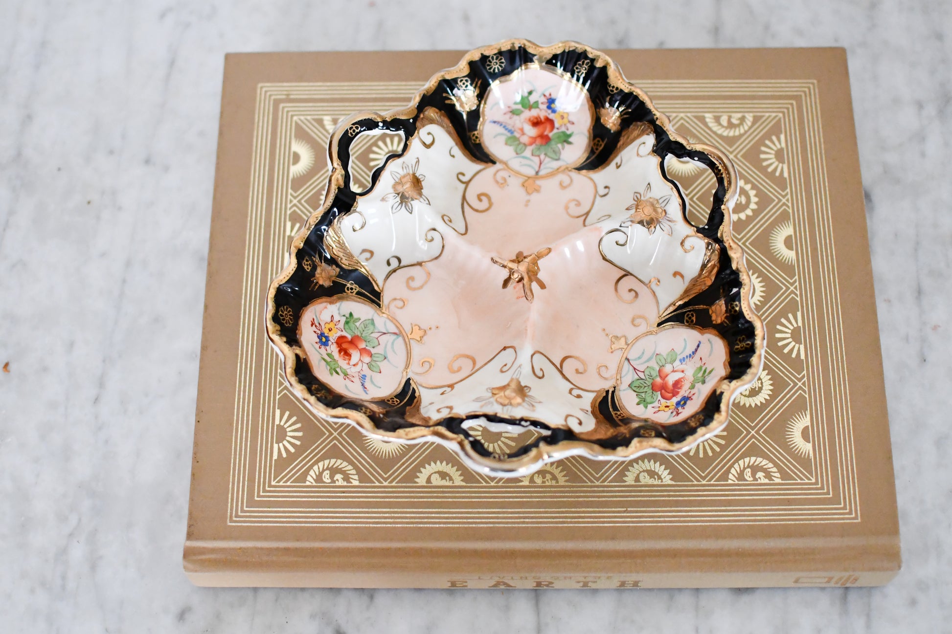 Vintage Japanese Painted Porcelain Divided Dish // Decorative Candy Bowl