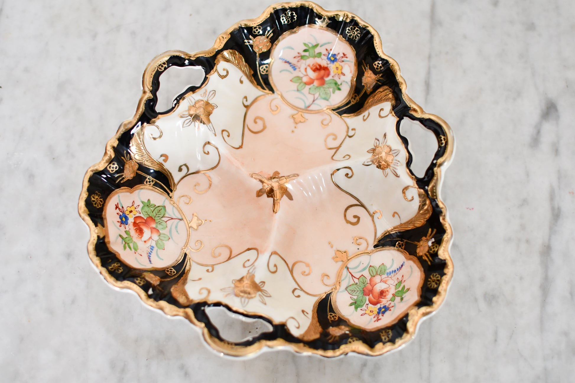 Vintage Japanese Painted Porcelain Divided Dish // Decorative Candy Bowl