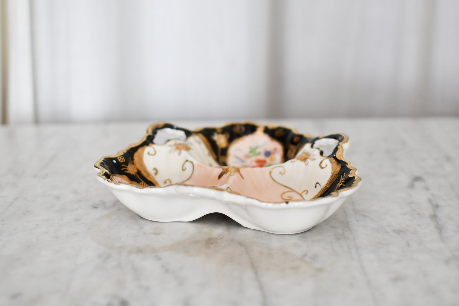Vintage Japanese Painted Porcelain Divided Dish // Decorative Candy Bowl