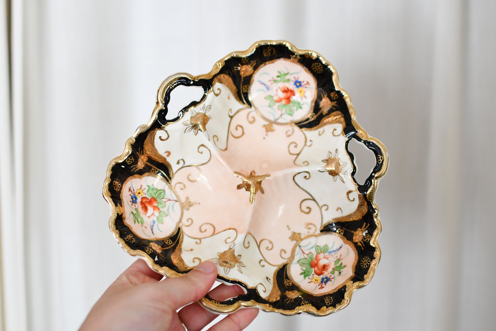 Vintage Japanese Painted Porcelain Divided Dish // Decorative Candy Bowl