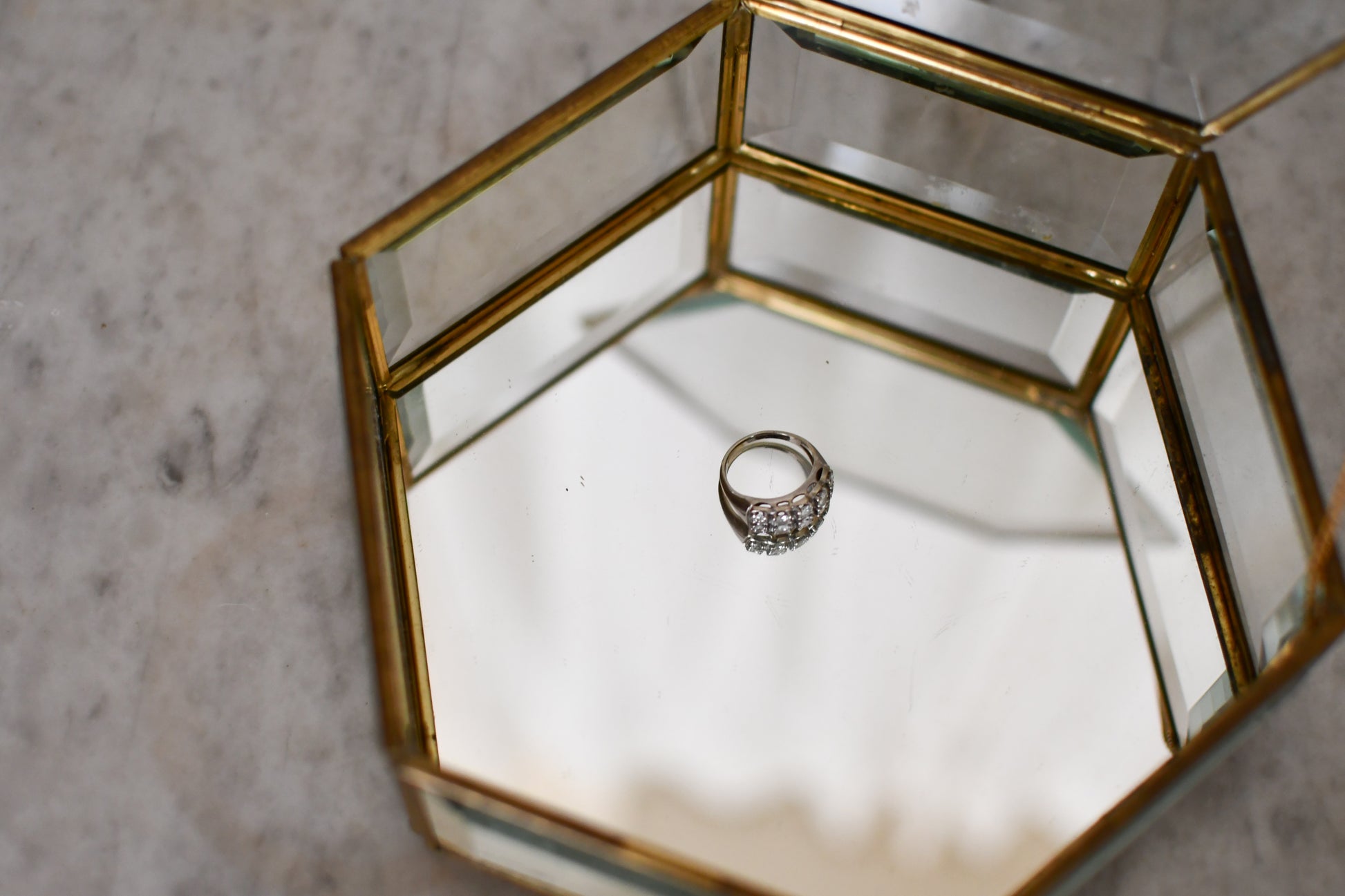 Vintage Brass and Glass Hexagonal Trinket Box // Mirrored Beveled Glass Jewelry Box