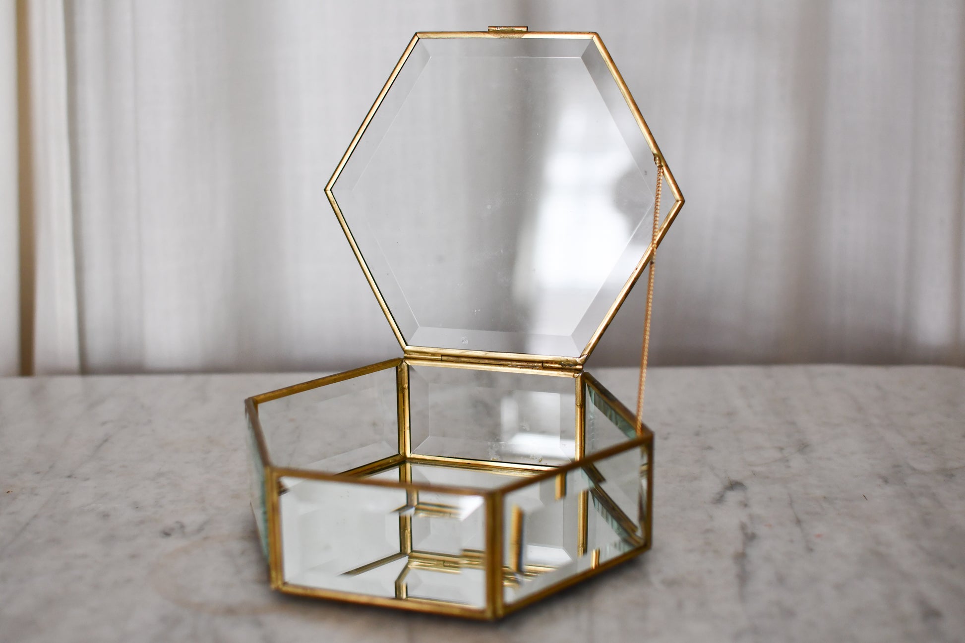 Vintage Brass and Glass Hexagonal Trinket Box // Mirrored Beveled Glass Jewelry Box