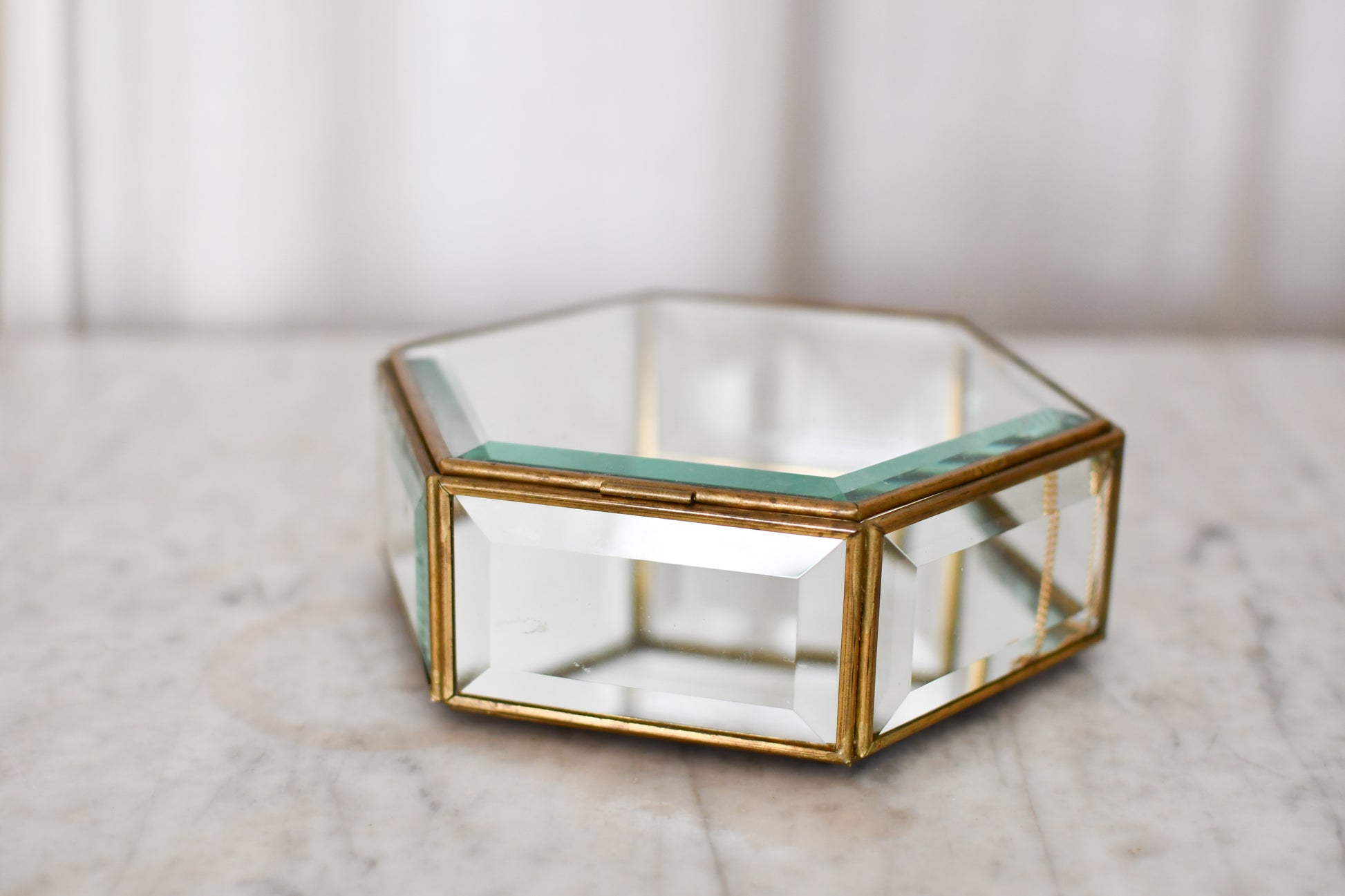 Vintage Brass and Glass Hexagonal Trinket Box // Mirrored Beveled Glass Jewelry Box