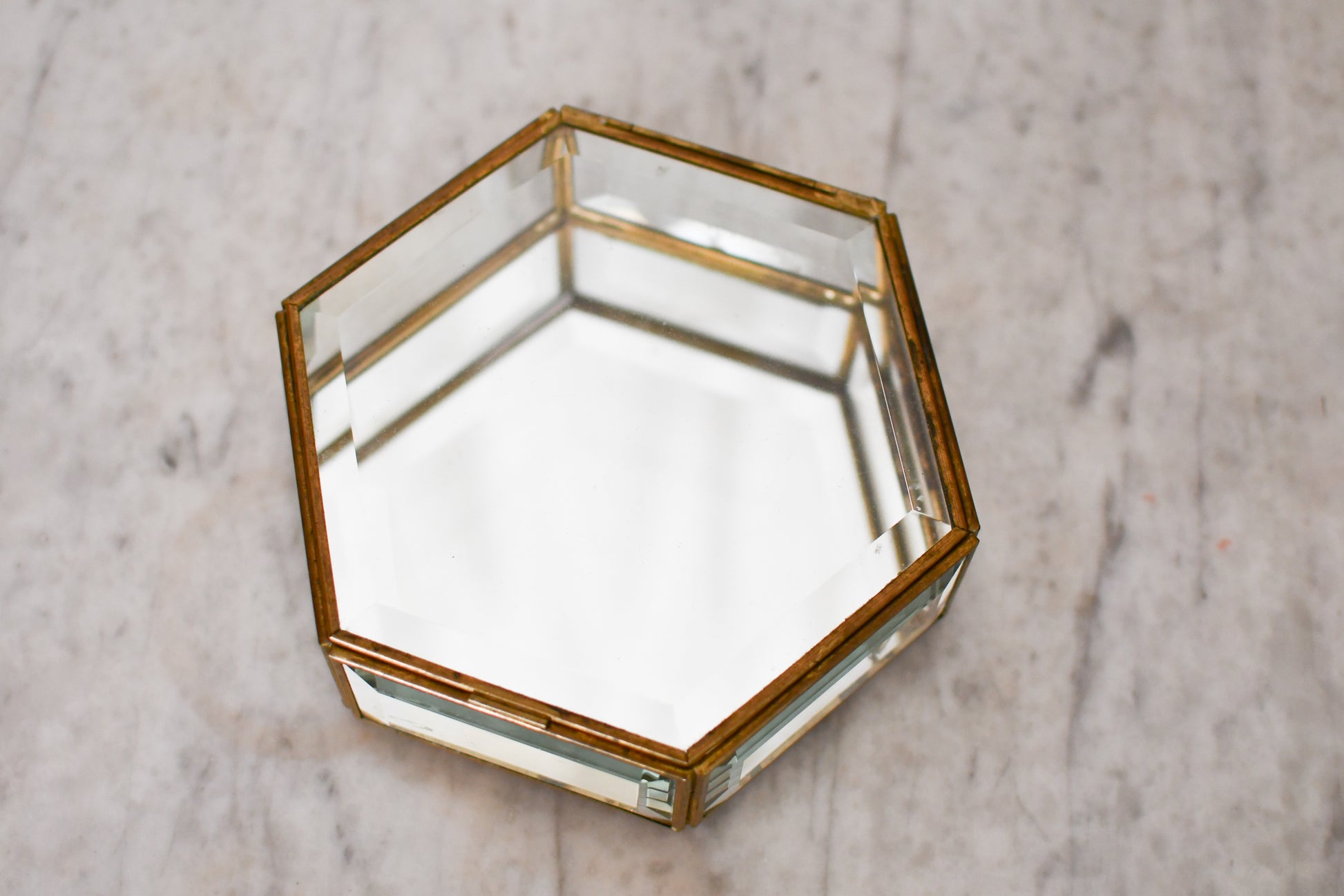Vintage Brass and Glass Hexagonal Trinket Box // Mirrored Beveled Glass Jewelry Box