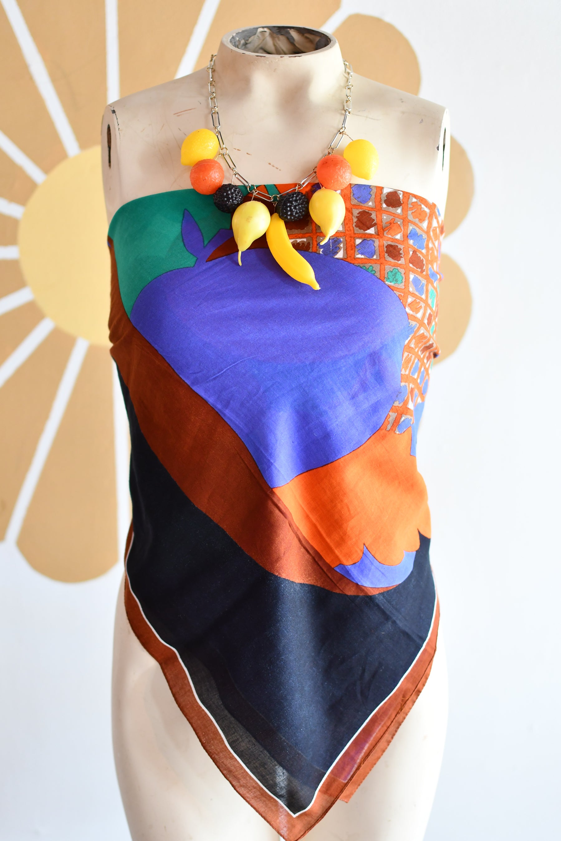 Vintage Cotton XL Summer Fruit Basket Square Scarf