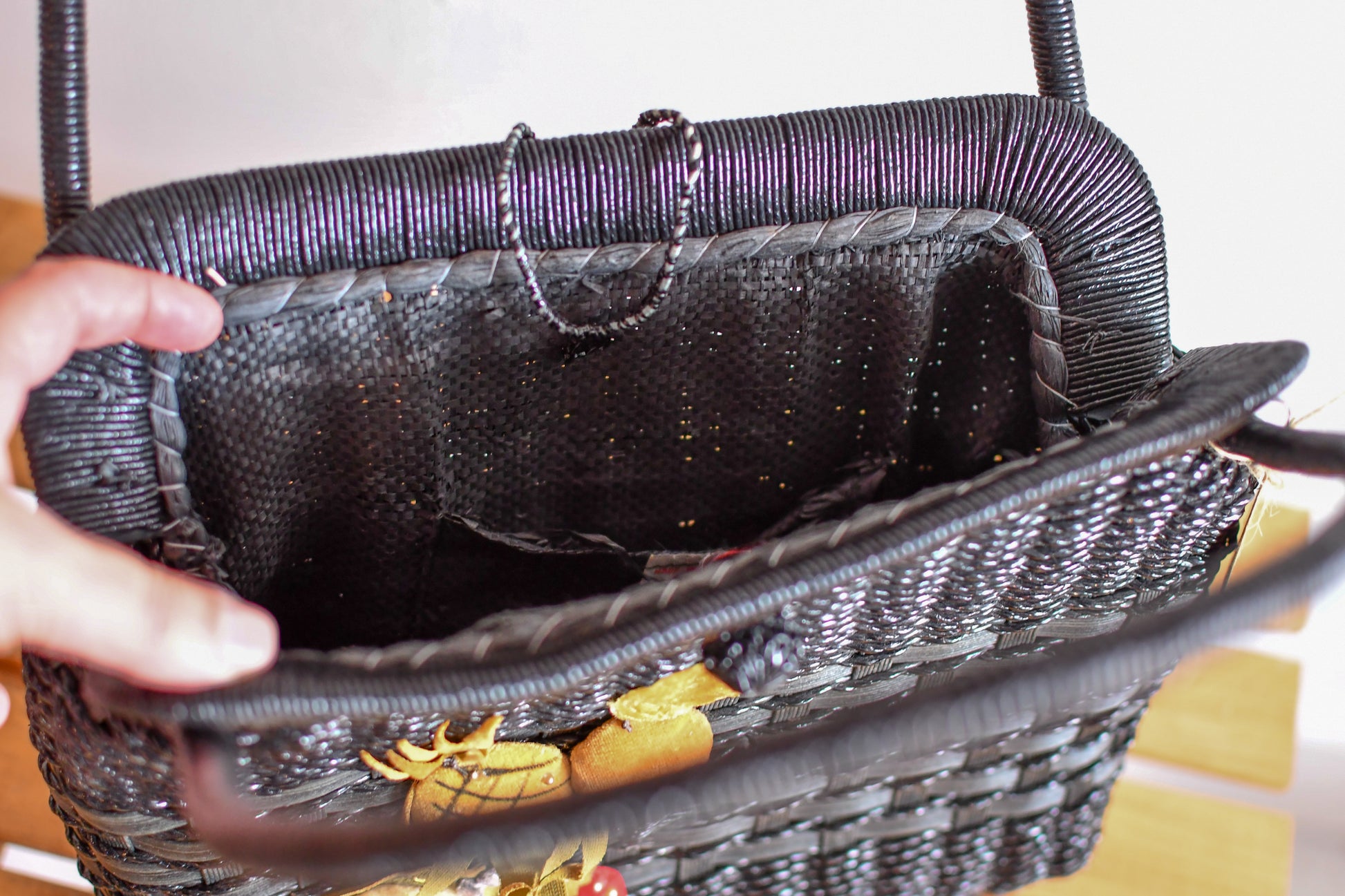 Vintage 1950s Black Woven Fruit Handbag // Made in Japan