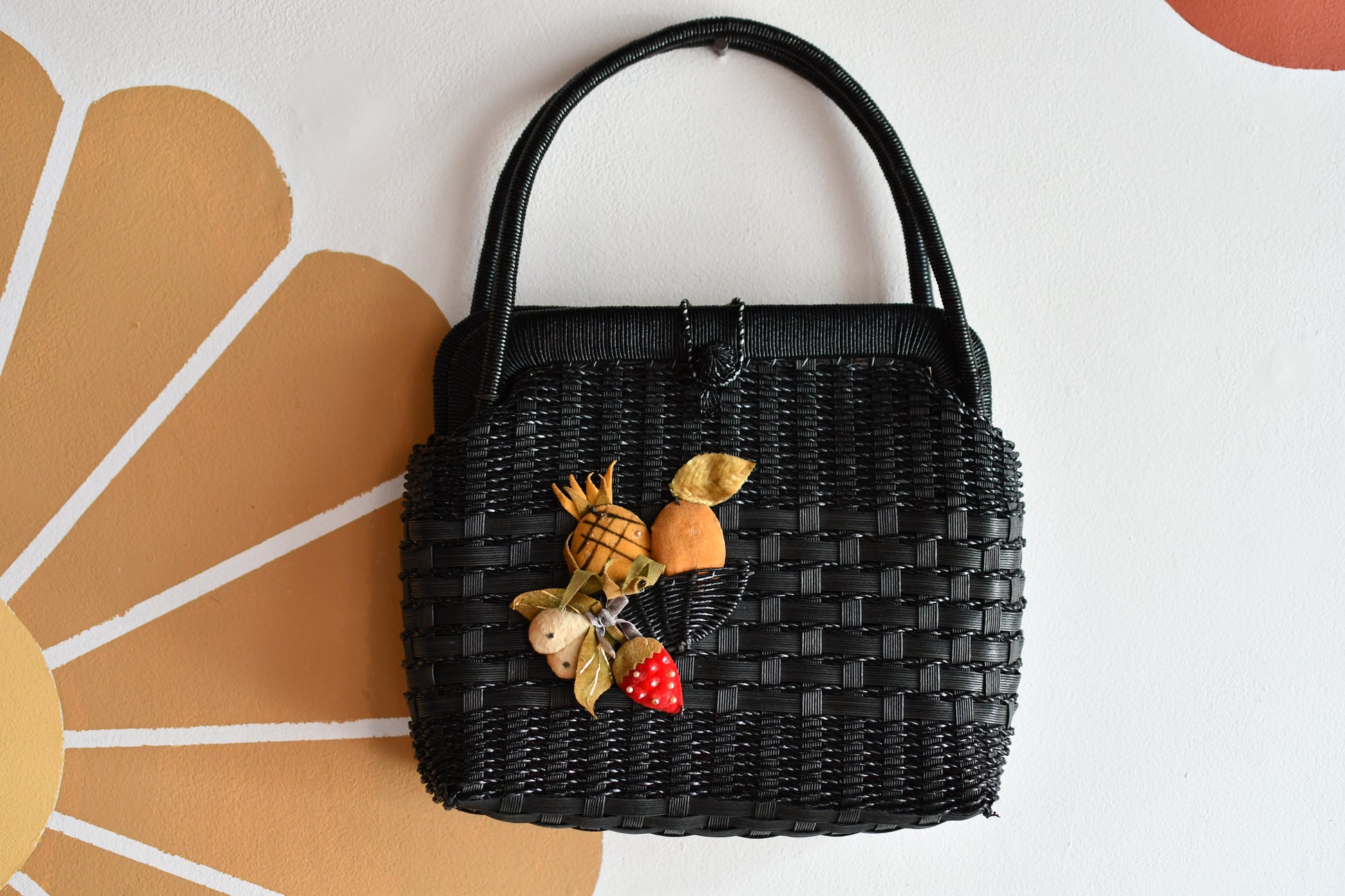 Vintage 1950s Black Woven Fruit Handbag // Made in Japan