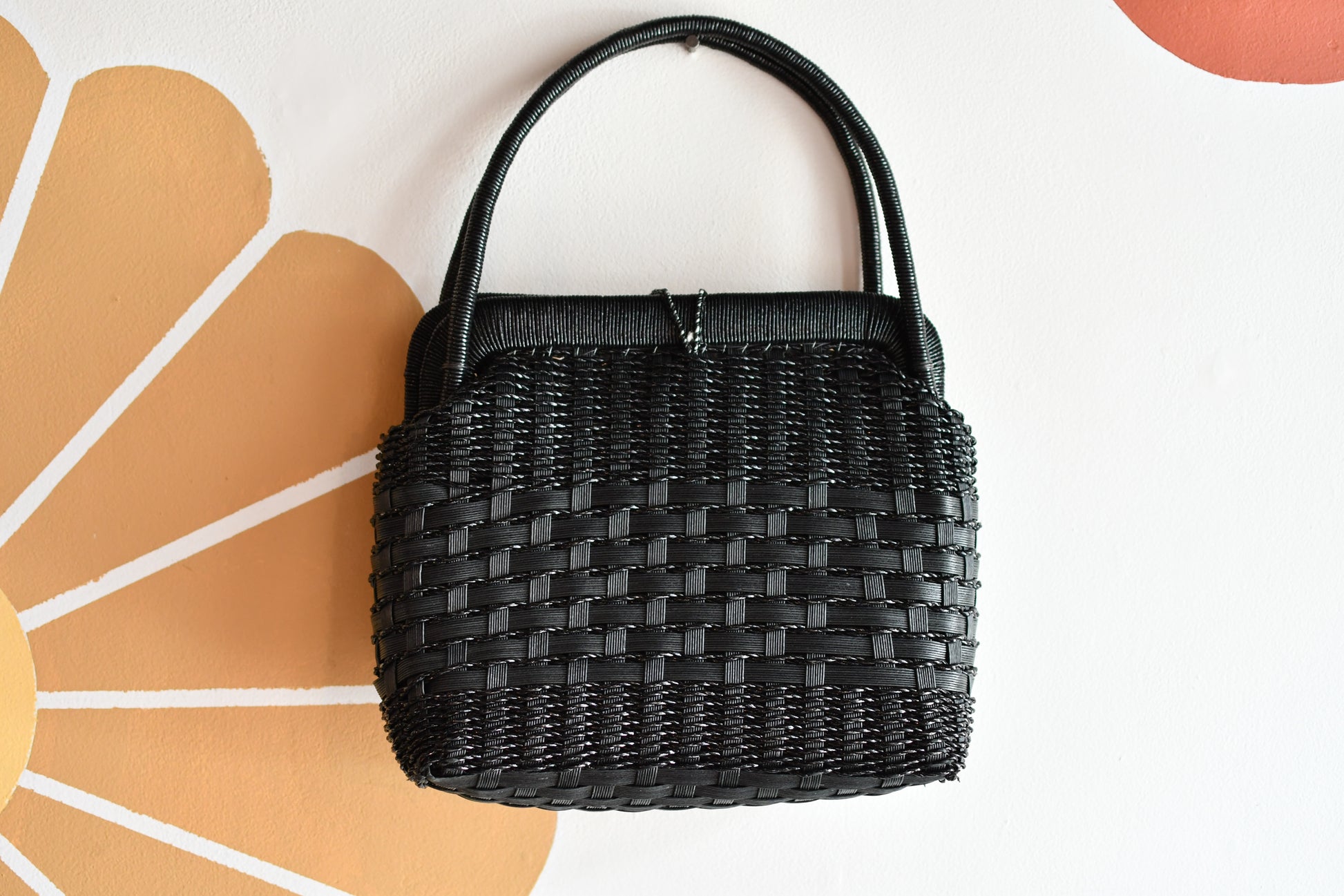 Vintage 1950s Black Woven Fruit Handbag // Made in Japan