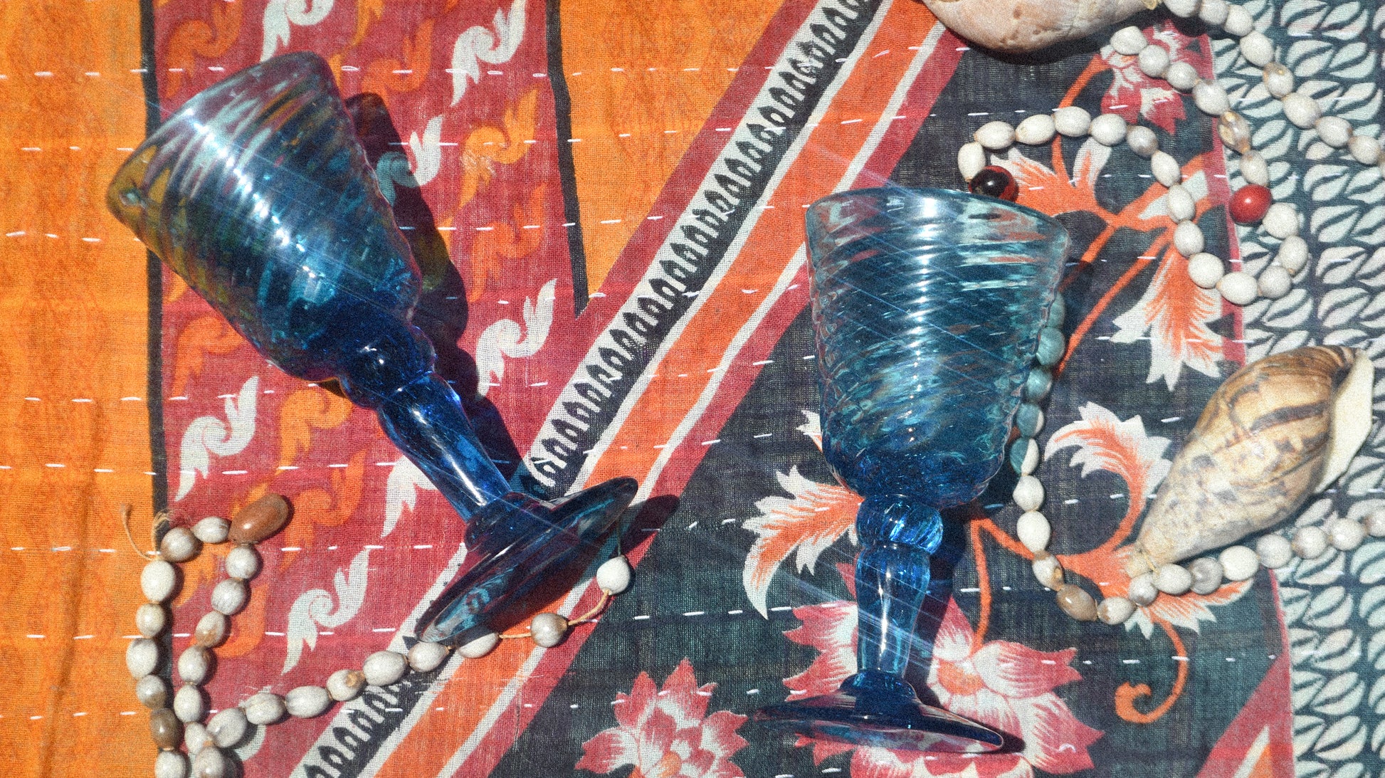 Vintage Set of Two Handblown Blue Swirl Glass Stemware