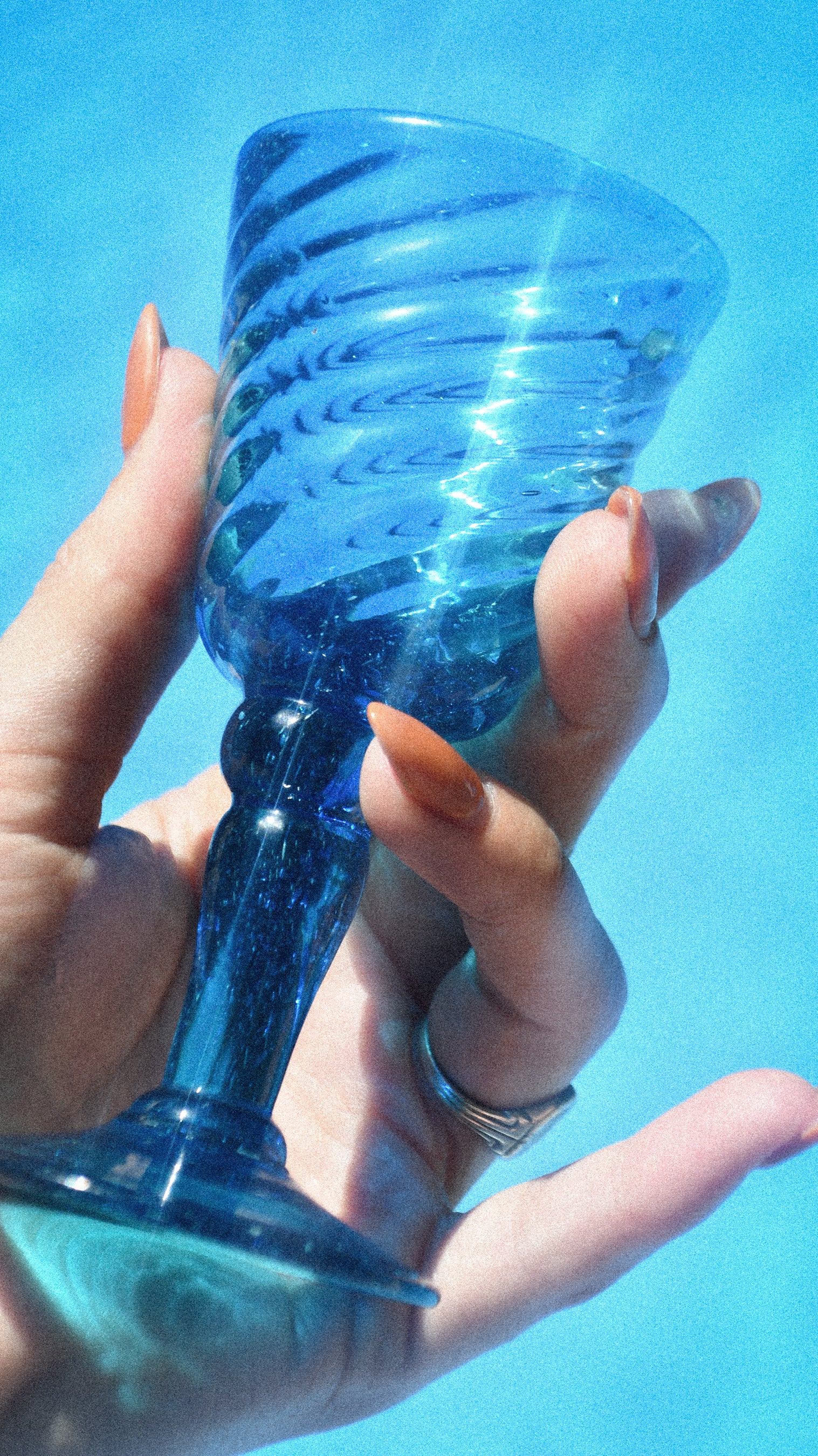 Vintage Set of Two Handblown Blue Swirl Glass Stemware